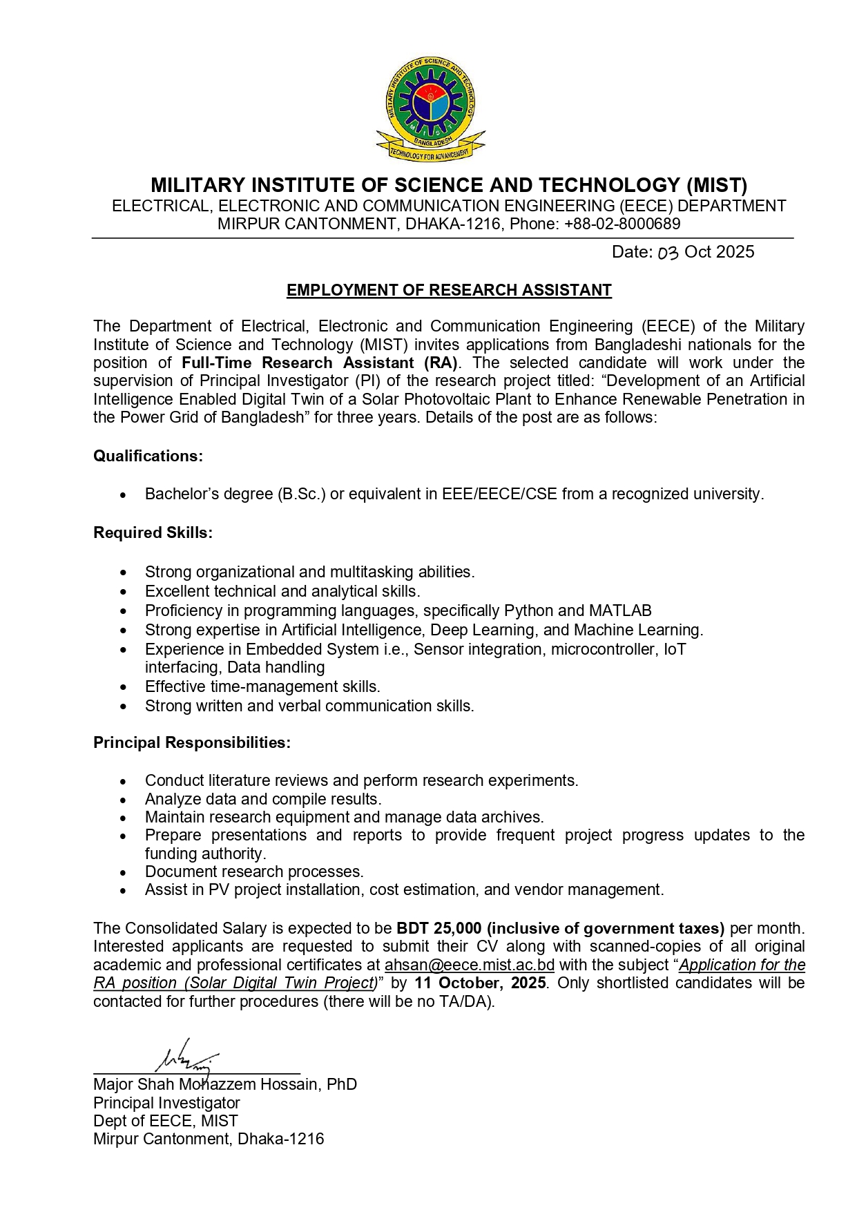 EMPLOYMENT OF RESEARCH ASSISTANT